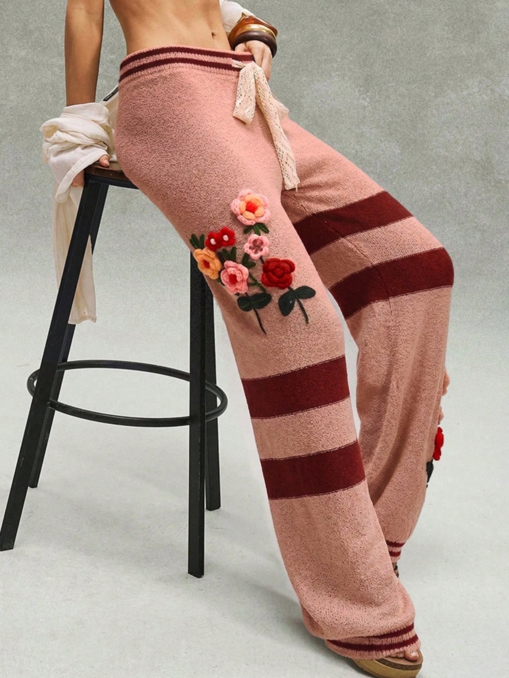 Cozy Floral Crochet Striped Straight leg Drawstring Pants - Picture 2 of 5
